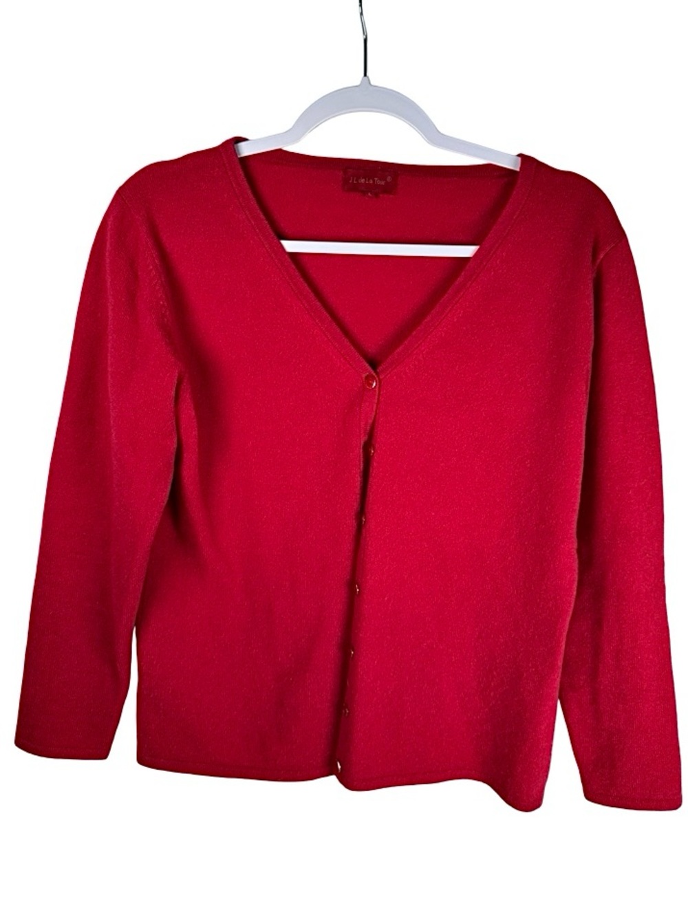 JL de La Tour 100% Cashmere Classic Red V-Neck Button Cardigan Sweater Large